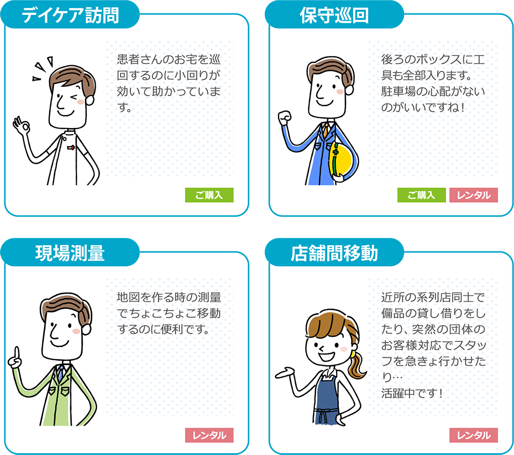 デイケア訪問。患者さんのお宅を巡回するのに小回りが効いて助かっています。
保守巡回。後ろのボックスに工具が全部入ります。終車場の心配がないのでいいですね。
現場測量。地図を作る時の測量でちょこちょこ移動するのに便利です。
店舗間移動。近所の系列同士で備品の貸し借りをしたり、突然の団体のお客様対応でスタッフを急きょ行かせたり…活躍中です。
