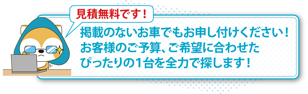 掲載のないお車でもお申し付けください！お客様のご予算、ご希望に合わせたぴったりの1台を全力で探します。